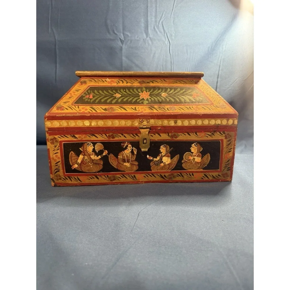 Vintage Anglo Raj Hand Painted Wooden Jewelry Box Indian Rajasthani Folk Art